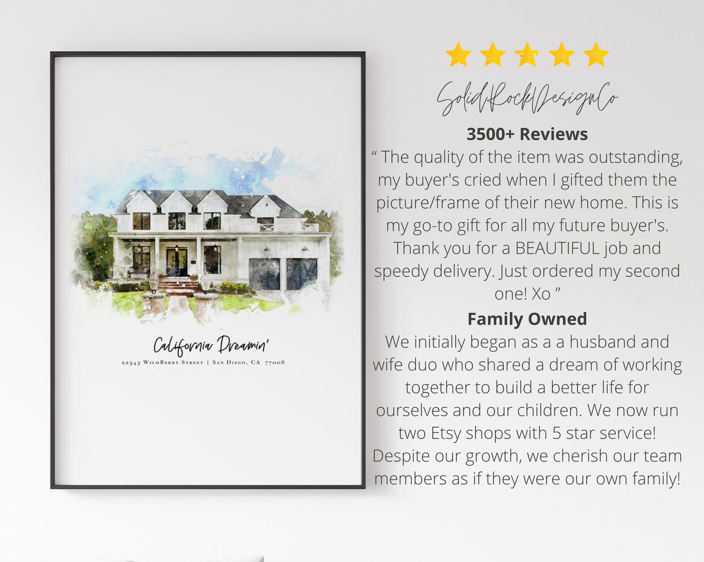 Solid Rock Design Co's Signature Personalized Watercolor House From Photo