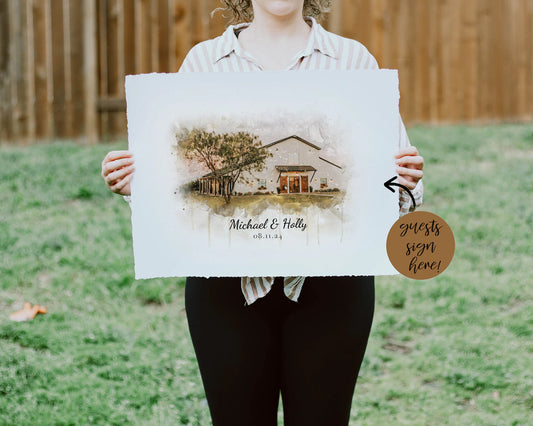 Custom Wedding Venue Watercolor – Guest Book Alternative with Deckled Edge Paper